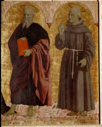 Polyptic of Misericorde: Jungfrun från Misericorde, omgiven av helgon. Detalj som föreställer Saint Andre och Saint Bernardino av Siena (Bernardino da Siena eller Bernardino degli Albizzeschi