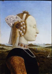 Porträtt av Battista Sforza ur pendangporträtten av Federico da Montefeltro och hans hustru, hertigen och hertiginnan av Urbino, 1472