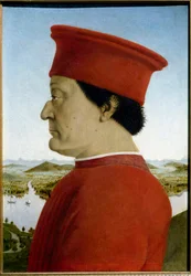 Porträtt av Federico de Montefeltro, hertigen av Urbino och Battista Sforza. Detalj som representerar Federico da Montefeltro
