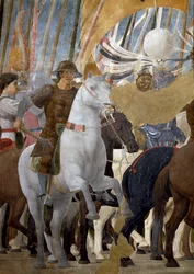 Legenden om det sanna korset, detalj av Konstantins seger vid slaget vid Milvian Bridge, 312 AD, färdig fresk 1464