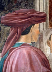 Legenden om det sanna korset, tillbedjan av skogen, detalj av kung Salomo färdig fresk från 1464