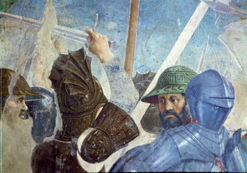 Legenden om det sanna korset, slaget vid Heraclius och Chosroes, detalj av soldater, färdig fresk från 1464