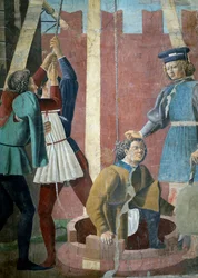 Legenden om det sanna korset, tortyren av juden, detalj av Judas som dras från brunnen, färdig 1464 freskdetalj av 58293 se även 116372