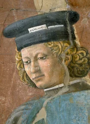 Legenden om det sanna korset, tortyren av juden, detalj om torteraren, färdig fresk från 1464