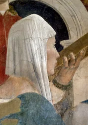 Legenden om det sanna korset, verifieringen av korset, detalj av drottningen av Saba som kysser korset, färdig fresk från 1464