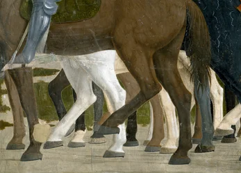 Legenden om det sanna korset, Konstantins seger vid slaget vid Milvian Bridge, detalj av hästens fötter, färdig fresk från 1464