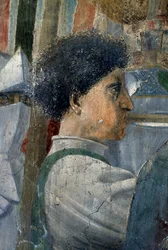 Legenden om det sanna korset, Konstantins seger i slaget vid Milvian Bridge, detalj av en soldat som blåser i en trumpet, färdig fresk från 1464