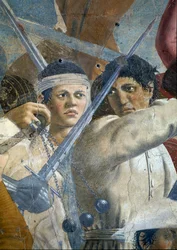 Legenden om det sanna korset, Heraclius seger och avrättning av Chosroes, detalj av Heraclius och Chosroes, färdig fresk från 1464