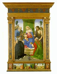 Madonna och barn med helgonet Petrus, Johannes Döparen, Dominikus och Nikolaus av Bari, ca 1481-85 (tempera  olja på pannå)