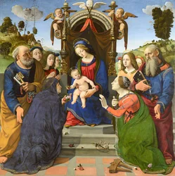 Madonna och barnet med helgonet Petrus, Johannes evangelisten, Elisabet av Ungern (), Katarina av Alexandria och änglar