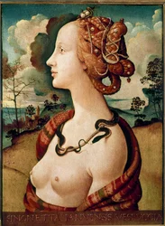 Porträtt av kvinna sagt om Simonetta Vespucci Detrempe på trä av Piero di Lorenzo dit Piero di Cosimo (1462-1521) 1480 sön.0.57 X 0.42 m Chantilly, Musee Conde