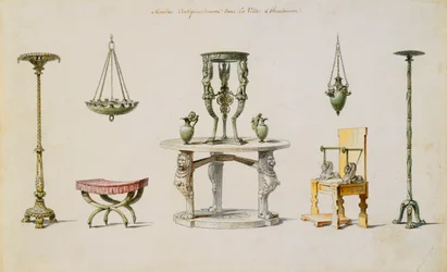 Olika vaser, möbler, altare och stativ upptäckts på Herculaneum (penna & bläck och w/c på papper)