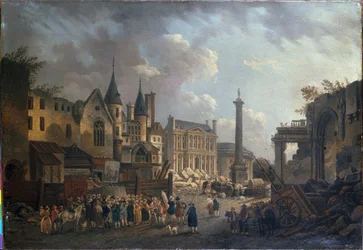 Torghandel vid en imaginär korsning i Paris, ca 1770 (olja på duk)