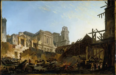 Foire Saint-Germain efter branden natten mellan den 16 och 17 mars 1762, ca 1762 (olja)