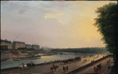 Seine vid Grenouillère, vy från Tuileriernas terrass vid vattnet, ca 1777 (olja på trä)