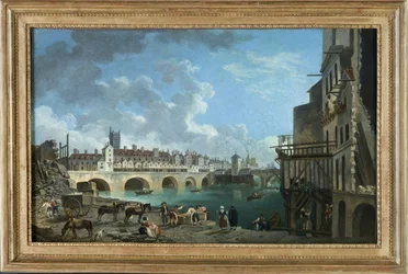 Vy över Quai de Gesvres vid tidpunkten för rivningen av husen på Pont au Change, ca 1788 (olja)