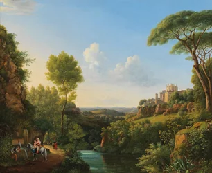 Italienskt landskap med resenärer vid en brunn