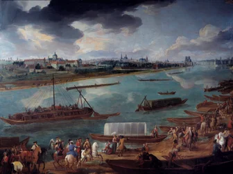 Utsikt över Paris, tagen från Quai de la Rapee 1716 Detalj av båtarna på Seine. Målning av Pierre Denis Martin