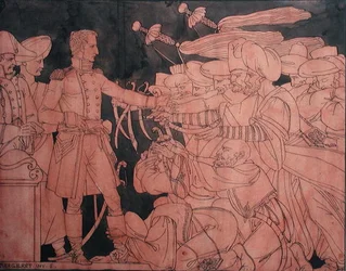 Napoleon I (1769-1821) tar emot de egyptiska ledarnas kapitulation under fälttåget i Egypten, förberedande utkast till en vas