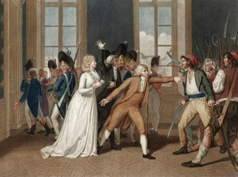 Dagen den 20 juni 1792 på Chateau des Tuileries i Paris - Andakt av Madame Elisabeth (Elisabeth Philippine Marie Helene de France dit Madame Elisabeth (1764-1794) - gravyr av Pierre Bouillon (1776 - 1831)