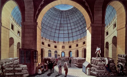 Utsikt över Halle au ble, som ligger på nuvarande Hotel de Soissons (Börsen) i Paris. Gravyr av Guiguet efter Pierre Courvoisier (1756-1804) 1700-talet. Paris, B.N.