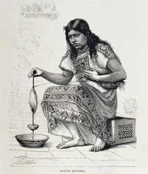 Bomullsspinning, från "The Ancient Cities of the New World", av Claude-Joseph-Desire Charnay, publ. 1887 (gravyr)