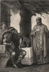 Sankt Gregoire av Tours (538-594) (Gregorius av Tours) mot Chilperic I (539-584) Francisk kung av den merovingiska dynastin - gravyr av Pierre Fritel (1853-1942)