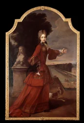 Porträtt en pied av Marie Adelaide de Savoie, hertiginna av Bourgogne på slottet Fontainebleau (1685-1712) Dauphine de France. Målning av Pierre Goberts verkstad (1662-1744)