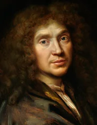 Detalj av «Porträtt av Molière» (1622-1673), Jean-Baptiste Poquelin - målning från Pierre Mignards skola (1612-1695) - Chantilly, Musée Condé