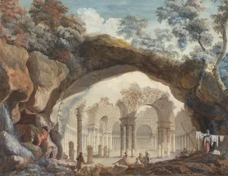 Architectural Fantasy: Ruinerna av ett cirkulärt tempel sett genom en naturlig båge