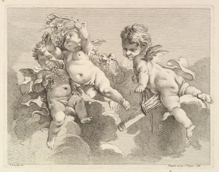 Tre kärlekar, den ena håller en koger, den andra, vindruvor, 1727-60.