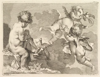 Tre kärlekar, varav den ena sitter, håller en koger, 1727-60.