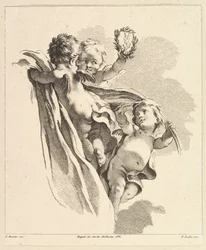 Tre amoriner, varav en har en krona, från den fjärde boken av barngrupper, 1700-talet.