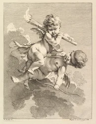 Två amoriner, en bär en fackla, en annan en pilbåge, 1727-60.