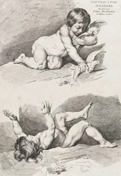 Två nakna barn som leker med ett blad, ur Nya boken om barn, 1720-60