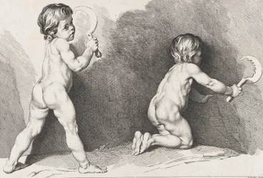 Två stående nakna barn, ur Barnens nya bok, 1720-60