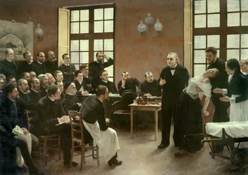 En klinisk föreläsning av dr Charcot på Salpêtrière år 1887. Studenter vid professor Jean Martin Charcots avdelning (1825-1893), som förklarar fallet Blanche Wittman, hans patient och föredragna försöksobjekt för hans forskning om hysteri. Han var