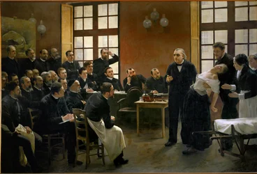 En lektion om hysteri av Jean Martin Charcot, neurologins pionjär, på sjukhuset la Salpetriere (olja på duk)