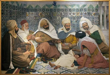 Exorcism: Arabiska musiker som jagar jinn från kroppen på ett barn. Målning av Andre Brouillet (1857-1914), Olja på duk
