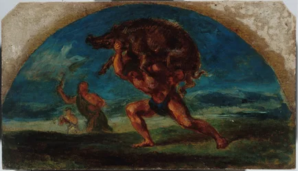 Skiss till Salon de la Paix i Hôtel de Ville i Paris: Herkules och Erymanthem-svinet, efter Delacroix, mellan 1852 och 1854 (olja)