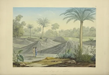 Air Volcanoes of Turbaco, graverad av Bouquet, illustration från "Views of the Cordilleras and Monuments of the Native Peoples of America" ​​av Alexander von Humboldt och Aime Bonpland