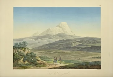 Vy över Cajambe, graverad av Bouquet, illustration från "Views of the Cordilleras and Monuments of the Native Peoples of America" ​​av Alexander von Humboldt och Aime Bonpland