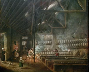 Interiör av en keramikverkstad (eller glasblåsare) - Målning av Pierre Antoine Demachy (1723-1807), detalj - 1800-talet - Olja på trä - Mått: 39 x 31 cm - Paris, Musee Carnavalet