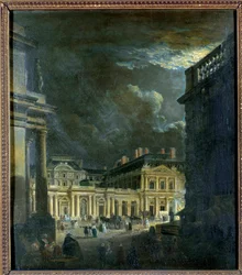 La Place du Palais Royal i Paris i månskenet Målning av Pierre Demachy (1723-1807) 1700-talets sön. 0,39x0,34 m Paris, Musee Carnavalet