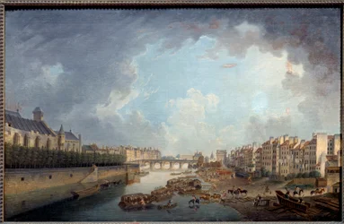 Bågen, bron av Tournelle och Quai Saint Bernard sett från hotel dieu. Utsikt över Paris. Målning av Pierre Demachy (1723-1807)