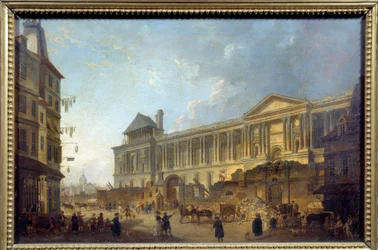 Utsikt över pelargången av Louvren Street scenen med byggarbetsplats framför Palais du Louvren. Målning av Pierre Antoine Demachy (1723-1807) 1772