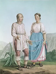 Dräkter av indianerna i Michoacan, från "Voyages aux Regions Equinoxiales du Nouveau Continent" av Alexander von Humboldt (1769-1859) publicerad 1810