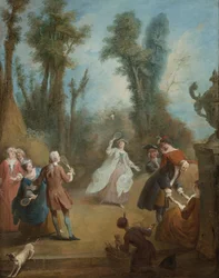Eleganta figurer som spelar fjäderboll i en park, omkring 1730