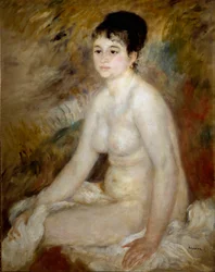 Efter badet. Porträtt av en naken kvinna som sitter. Målning av Pierre Auguste Renoir (Pierre-Auguste