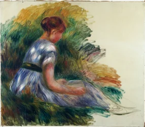 Alice Gamby i trädgården, ung flicka som sitter i gräset, 1891